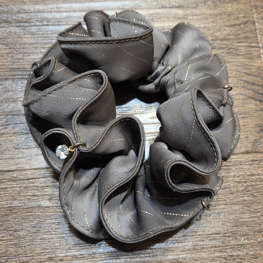 Vintage 80s Brown Metallic Gold Rhinestones Hair Scrunchie